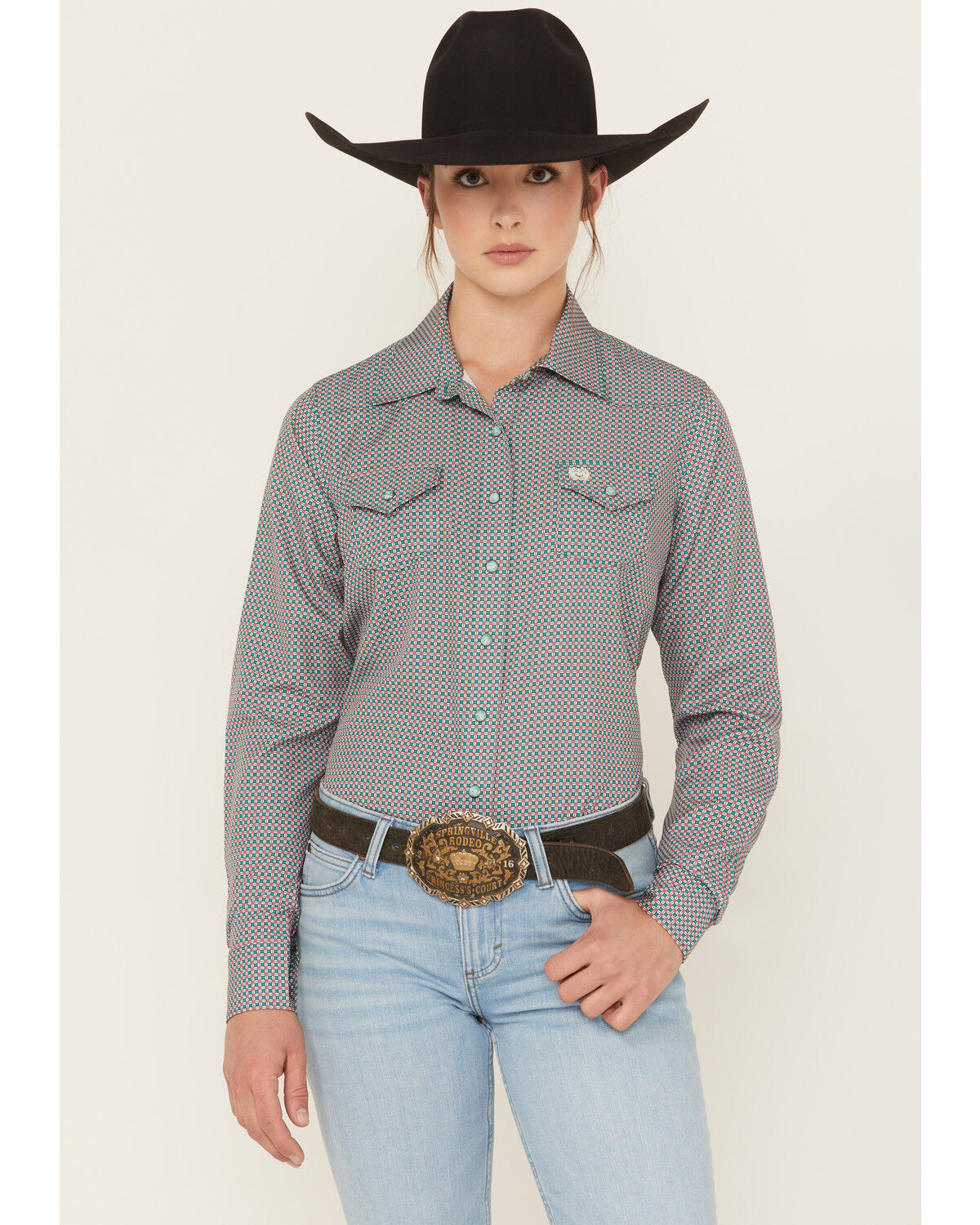 Image #1 - Cinch Women's Geo Print Long Sleeve Snap Stretch Western Shirt, Green, hi-res