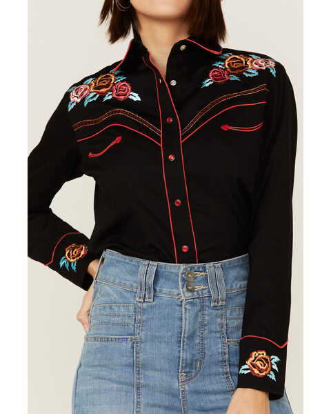 Image #2 - Rockmount Ranchwear Women's Vintage Rose Bouquet Embroidered Pearl Snap Western Shirt, Black, hi-res