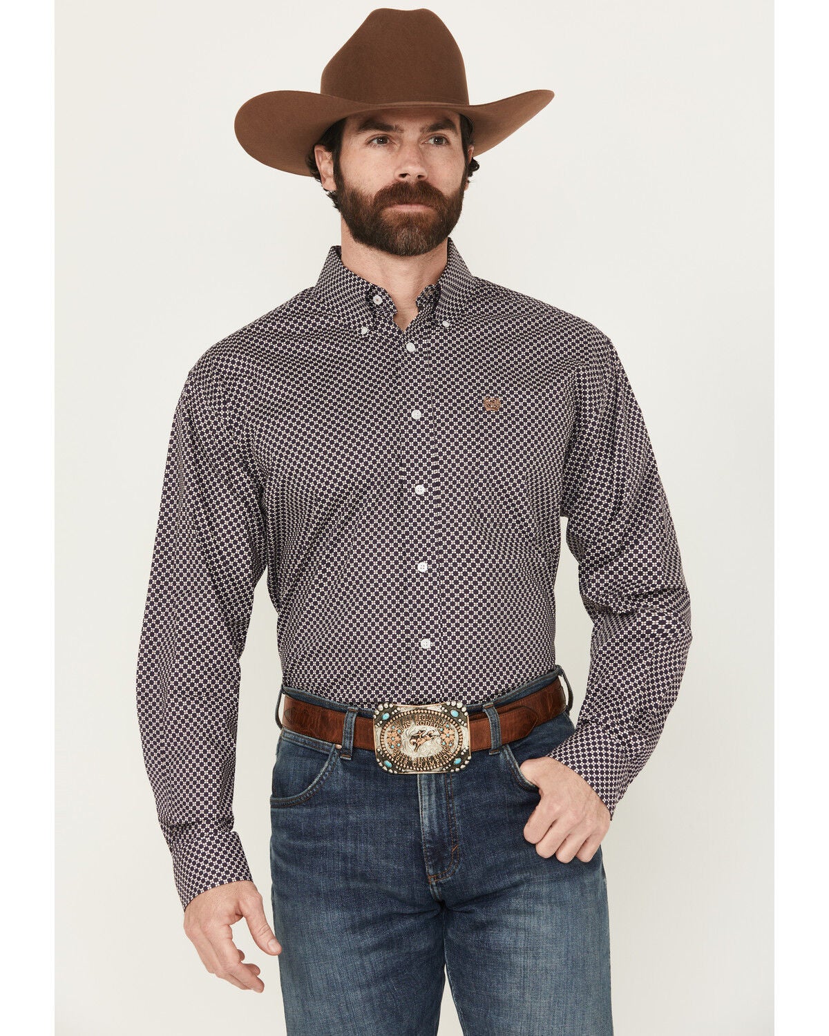 Cinch Men's Floral Print Long Sleeve Button-Down Stretch Western Shirt, Purple, hi-res