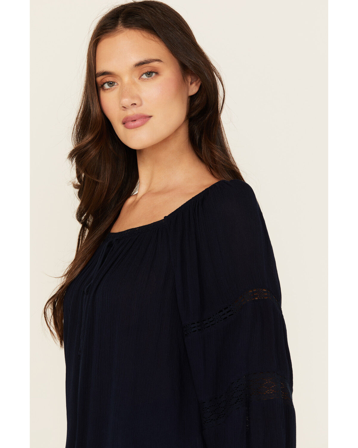 Image #2 - Jolt Women's Lace Trim Long Sleeve Peasant Top, Navy, hi-res