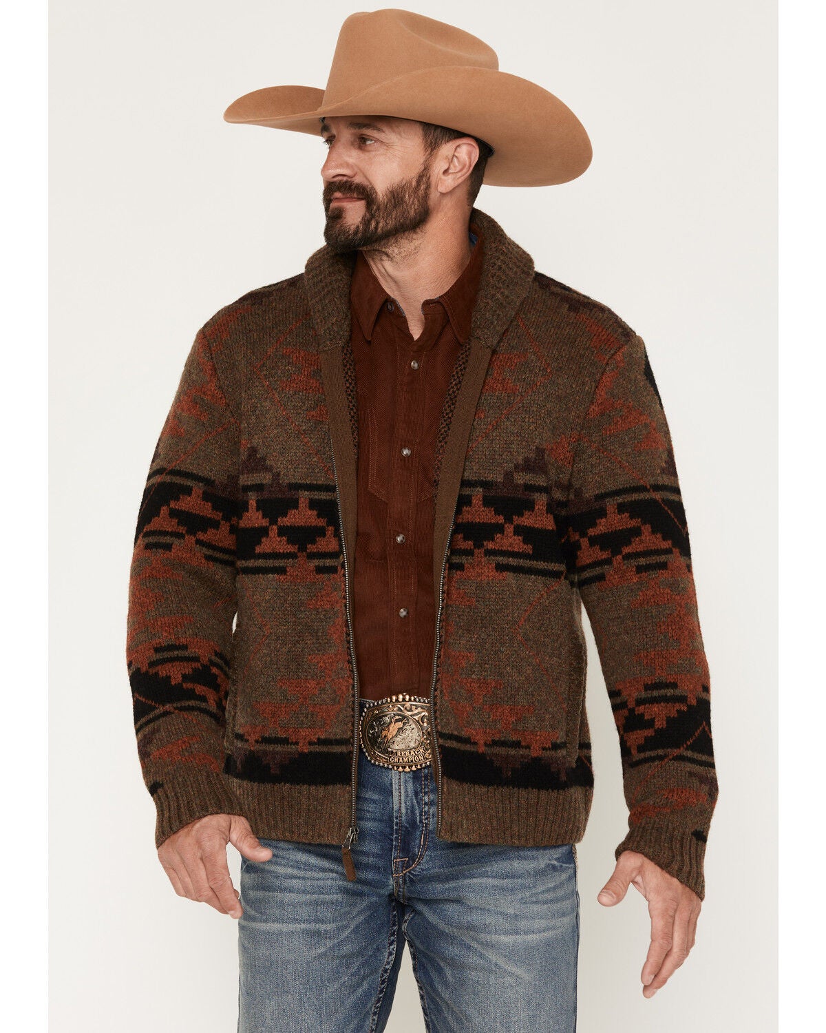 Cody James Men's Carson Southwestern Print Full Zip Cardigan, Brown, hi-res