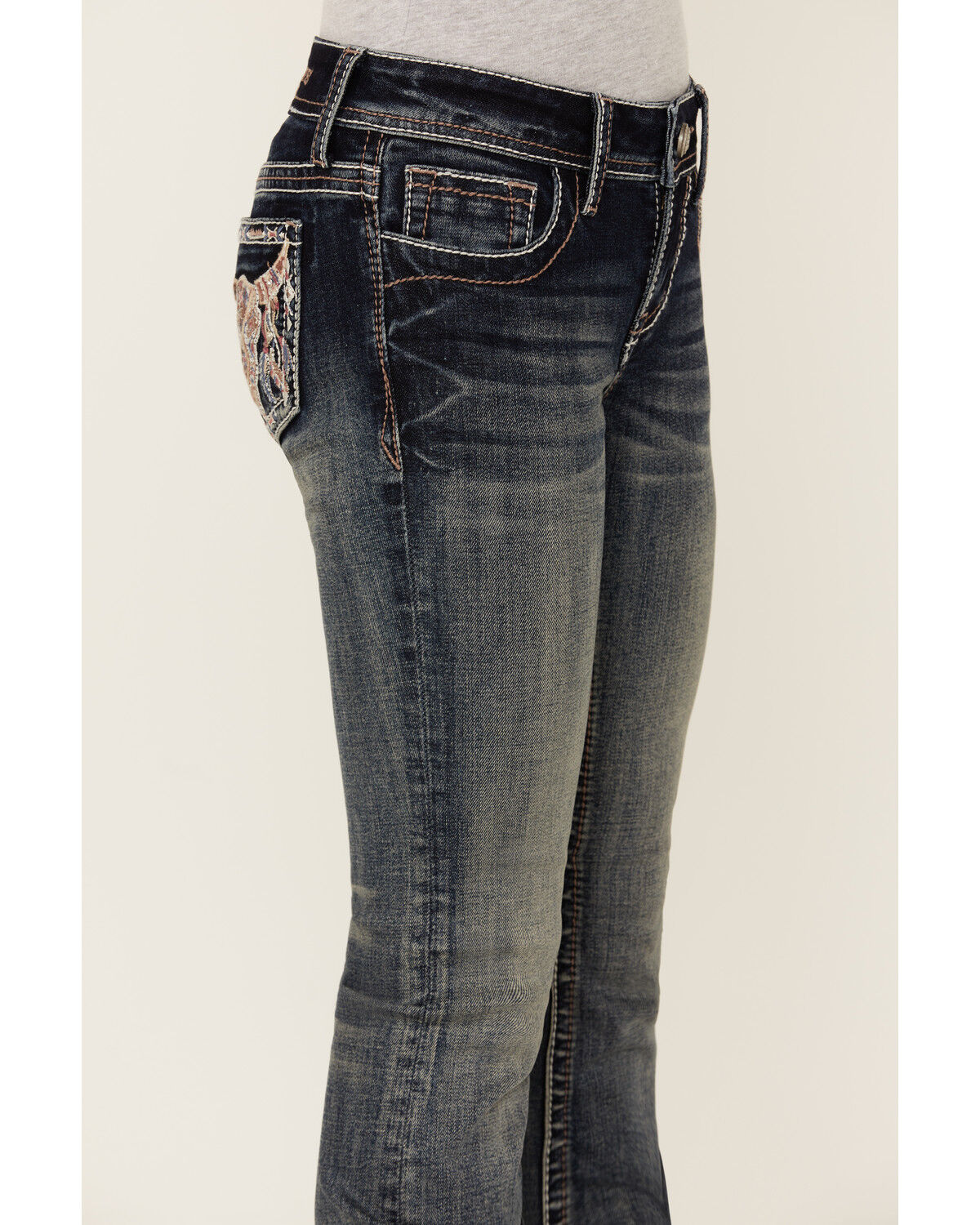 Image #4 - Grace in LA Girls' Dark Wash Steerhead Embroidered Pocket Bootcut Stretch Denim Jeans, Dark Wash, hi-res