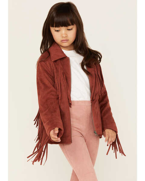 Fornia Girls' Fringe Faux Suede Moto Jacket, Rust Copper, hi-res