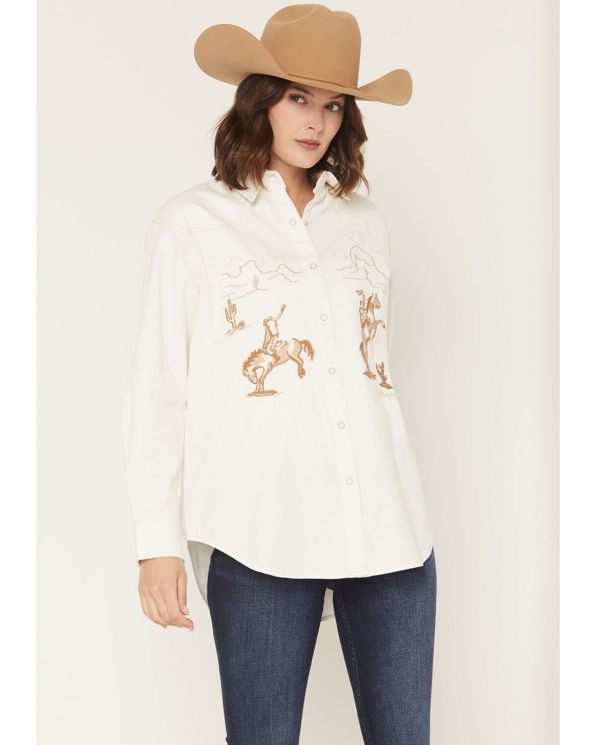 Image #1 - Wrangler Retro Women's Horse Embroidered Long Sleeve Snap Denim Western Shirt, Cream, hi-res