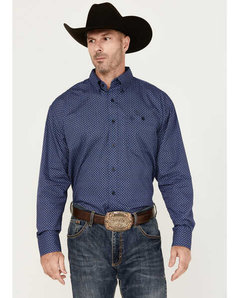 George Strait by Wrangler Men's Geo Print Long Sleeve Button-Down Western Shirt - Tall , Dark Blue, hi-res