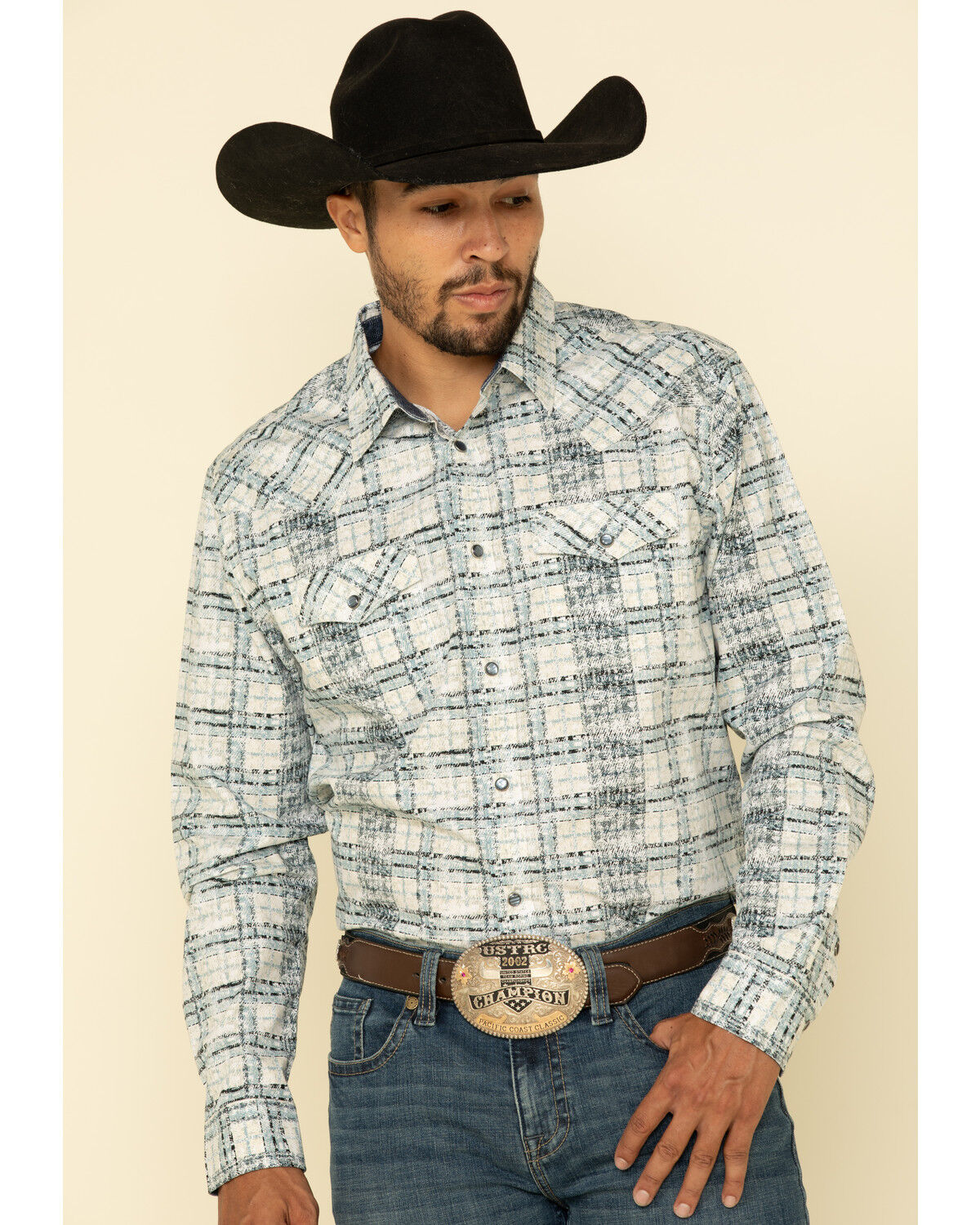 Image #1 - Moonshine Spirit Men's Wash Out Plaid Long Sleeve Western Shirt, Blue, hi-res