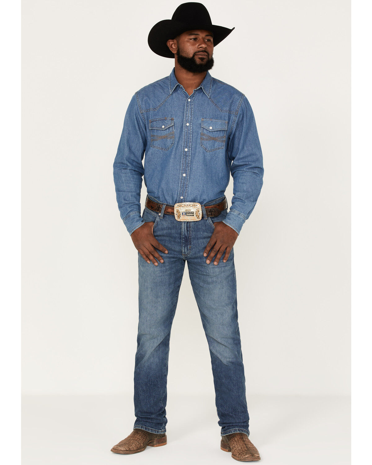 Image #1 - Wrangler Retro Men's Faded Indigo Medium Wash Stretch Slim Straight Premium Green Jeans, , hi-res