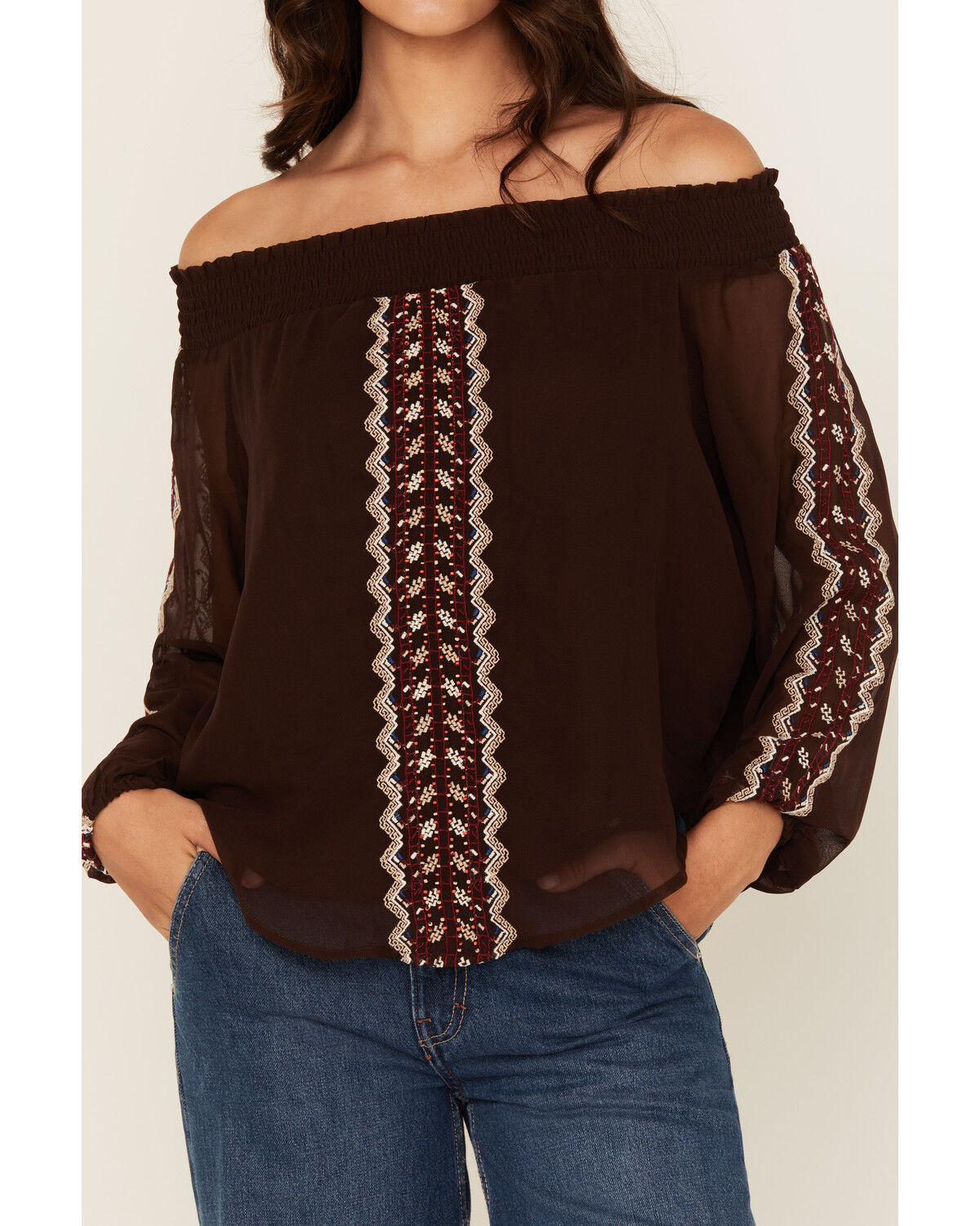 Image #3 - Shyanne Women's Georgette Embroidered Off The Shoulder Top, Chocolate, hi-res
