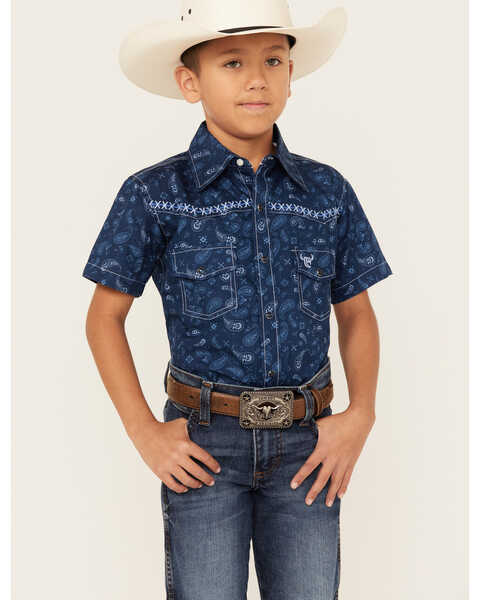 Cowboy Hardware Boys' Roman Paisley Print Short Sleeve Snap Western Shirt, Navy, hi-res