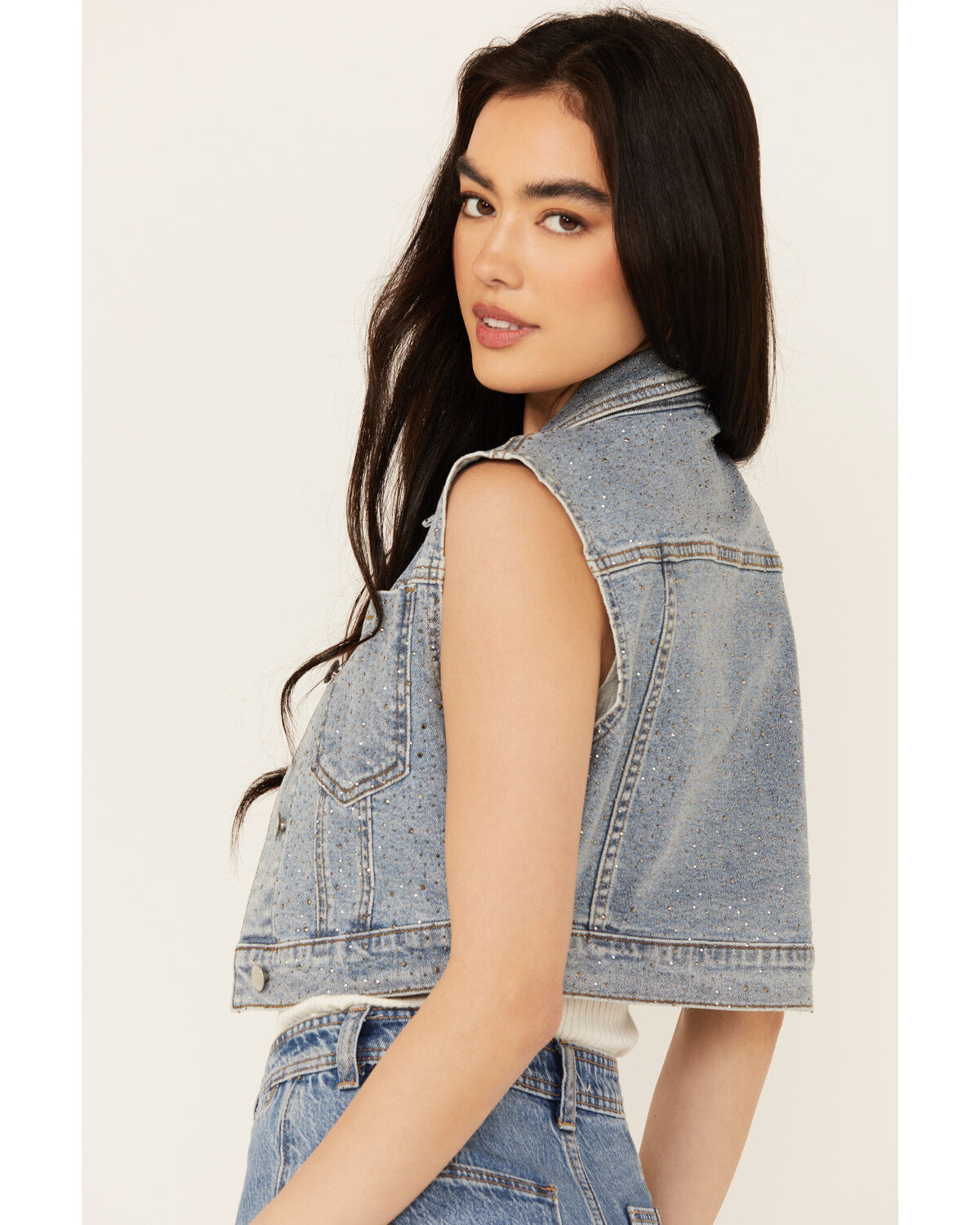 Image #4 - Vibrant Denim Women's Cropped Embellished Light Wash Denim Vest, Light Wash, hi-res