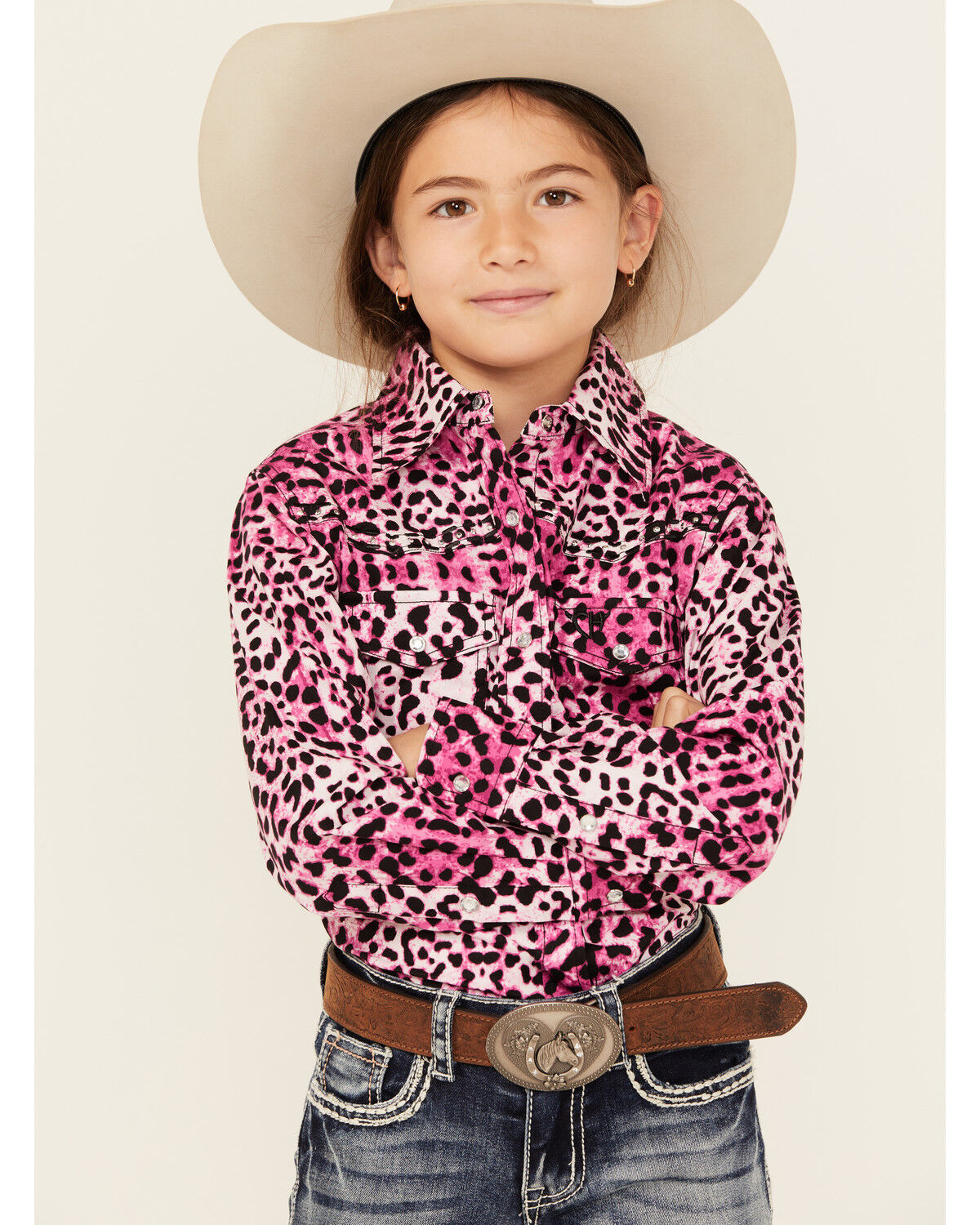 Image #1 - Cowgirl Hardware Girls' Leopard Print Long Sleeve Snap Western Shirt, Pink, hi-res