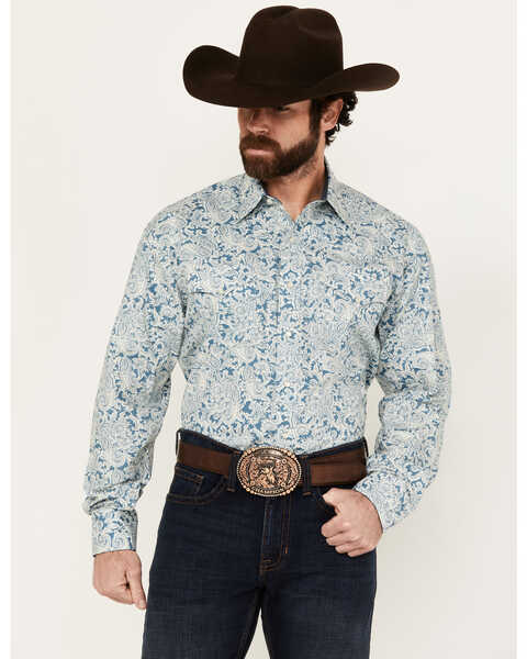 Stetson Men's Paisley Print Long Sleeve Pearl Snap Western Shirt, Blue, hi-res