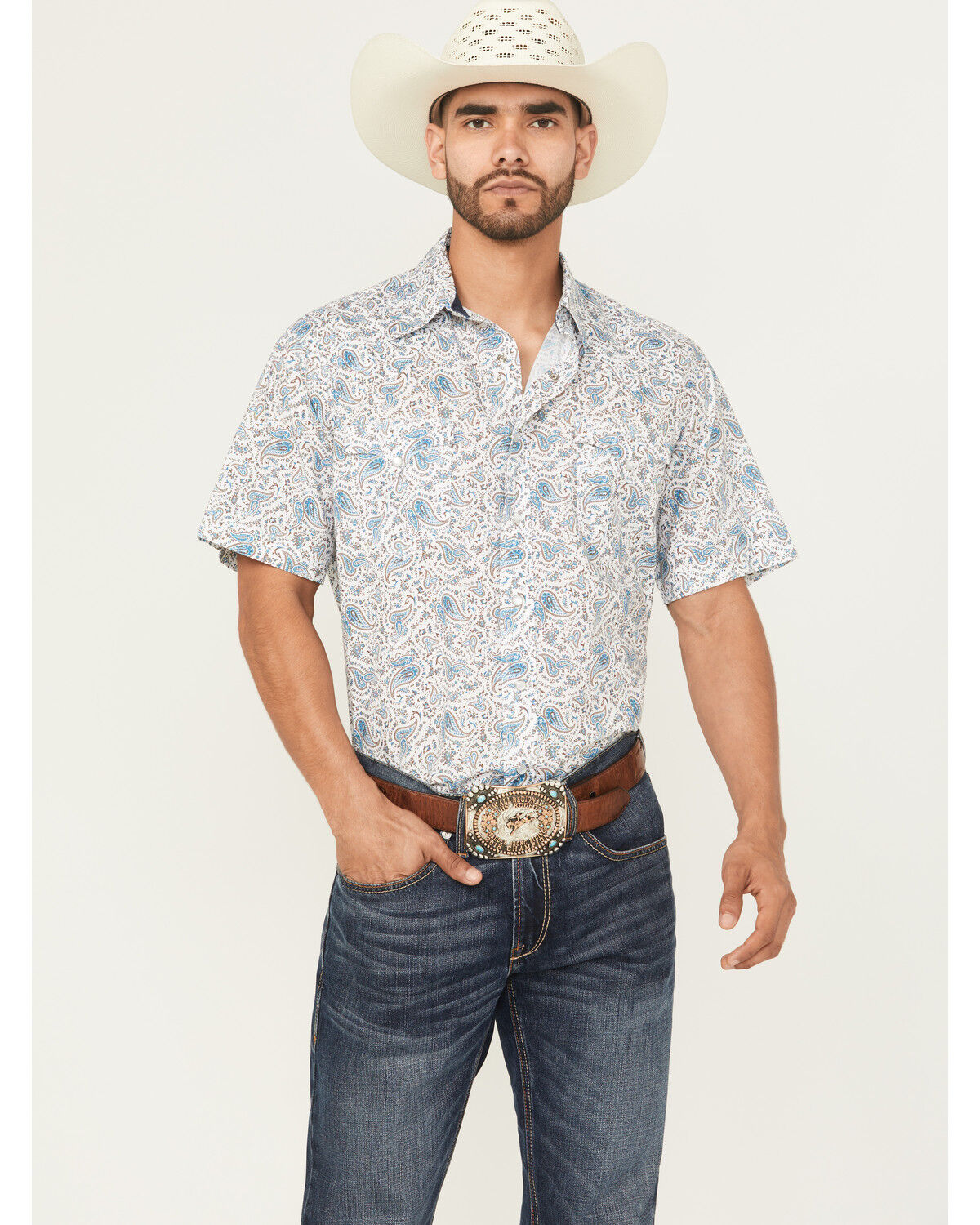 Image #1 - Roper Men's West Made Paisley Print Short Sleeve Pearl Snap Western Shirt, Cream, hi-res