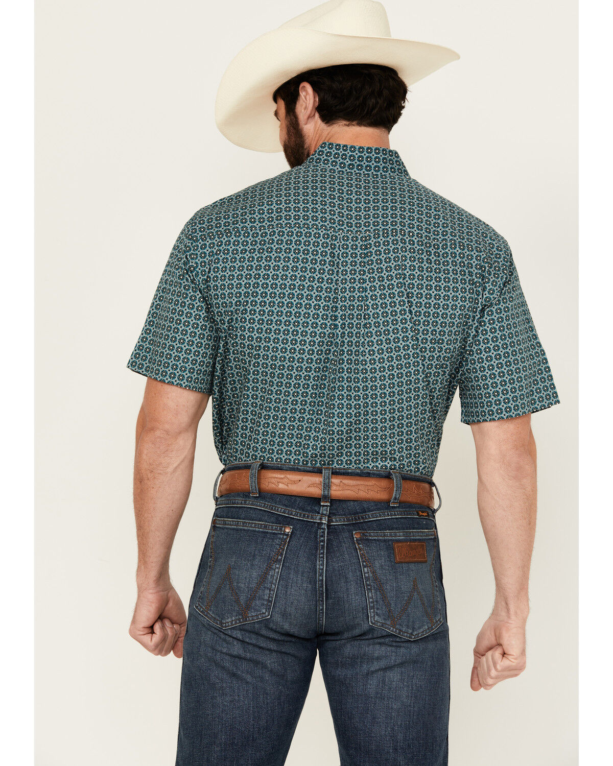 Image #4 - Cinch Men's Geo Print Short Sleeve Button-Down Western Shirt, Teal, hi-res