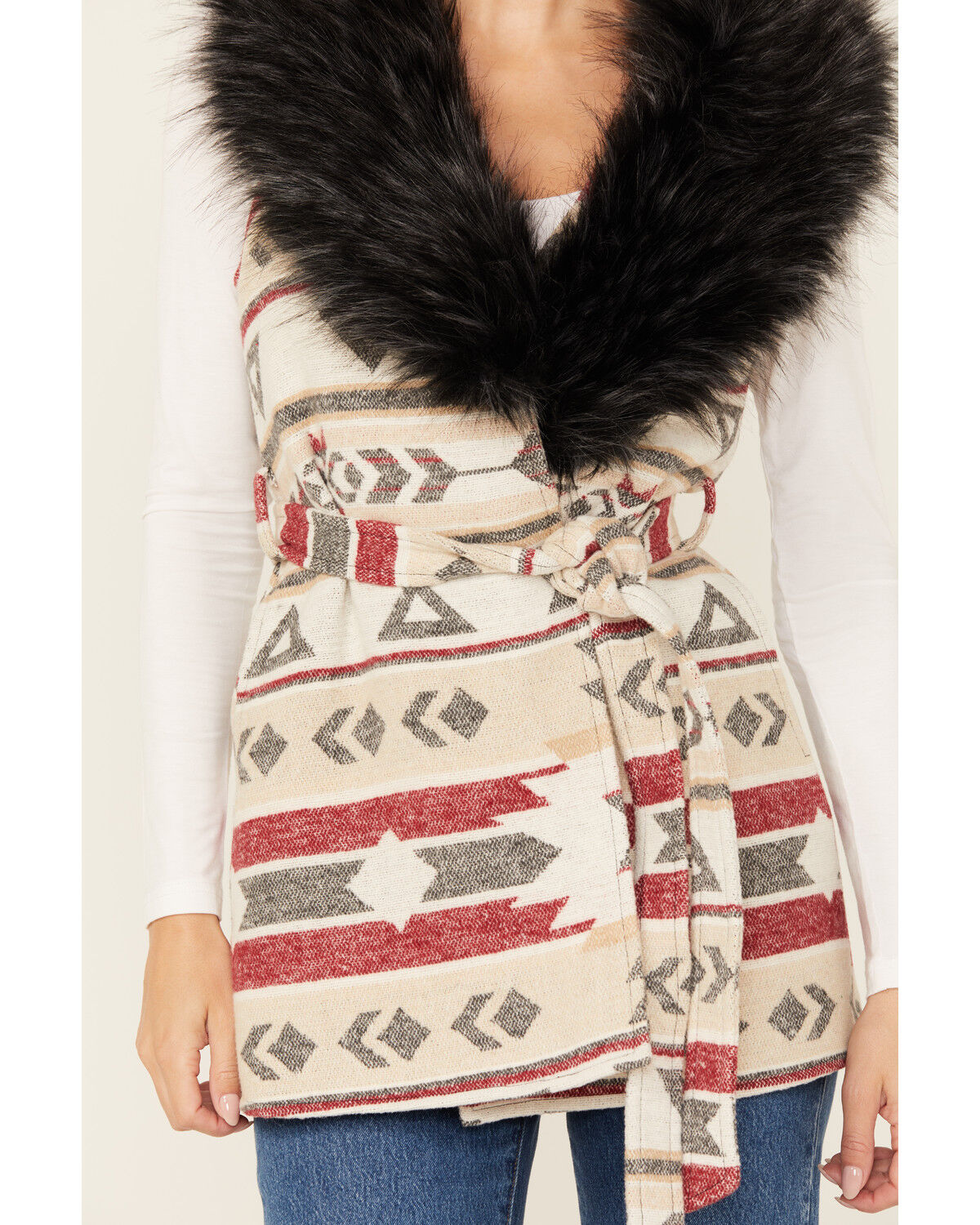 Image #3 - Cripple Creek Women's Southwestern Print Fur Collar Wrap Vest, Cream, hi-res