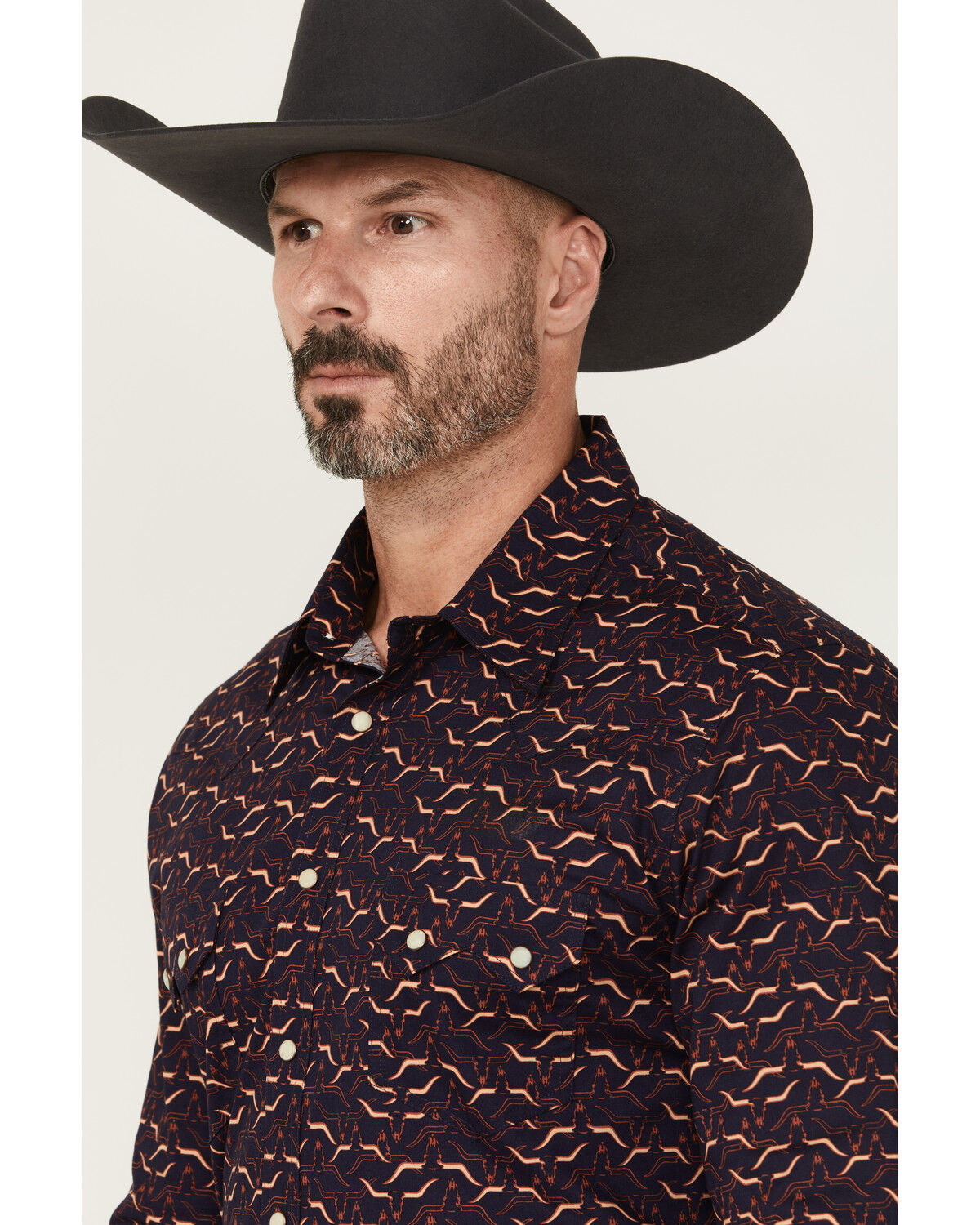 Image #2 - Rock & Roll Denim Men's Longhorn Print Long Sleeve Snap Stretch Western Shirt, Burgundy, hi-res