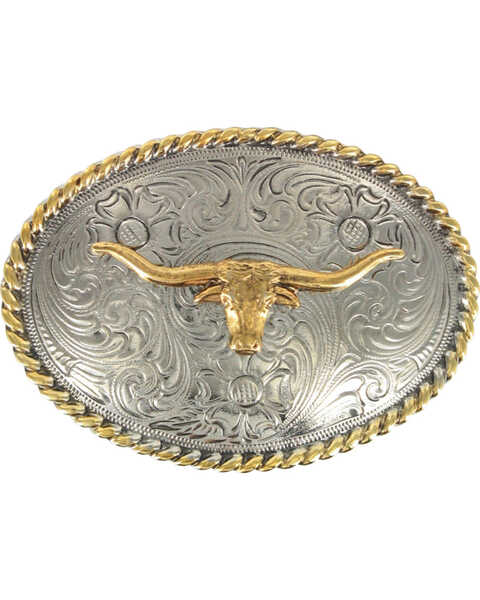 Image #1 - Cody James Boys' Long Horn Oval Belt Buckle, Silver, hi-res