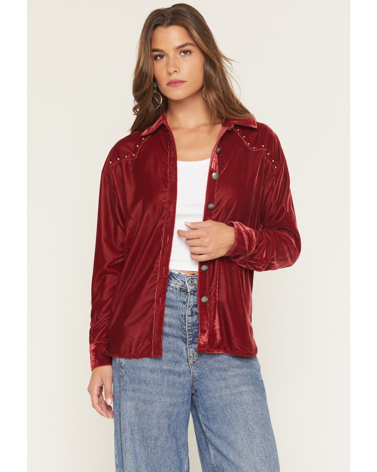 Rock & Roll Denim Women's Boot Barn Exclusive Oversized Velvet Long Sleeve Concho Button-Down Shirt, Burgundy, hi-res