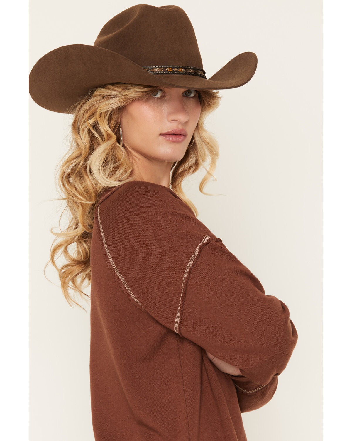 Image #2 - Blended Women's Lace V Neck Sweatshirt, Chocolate, hi-res