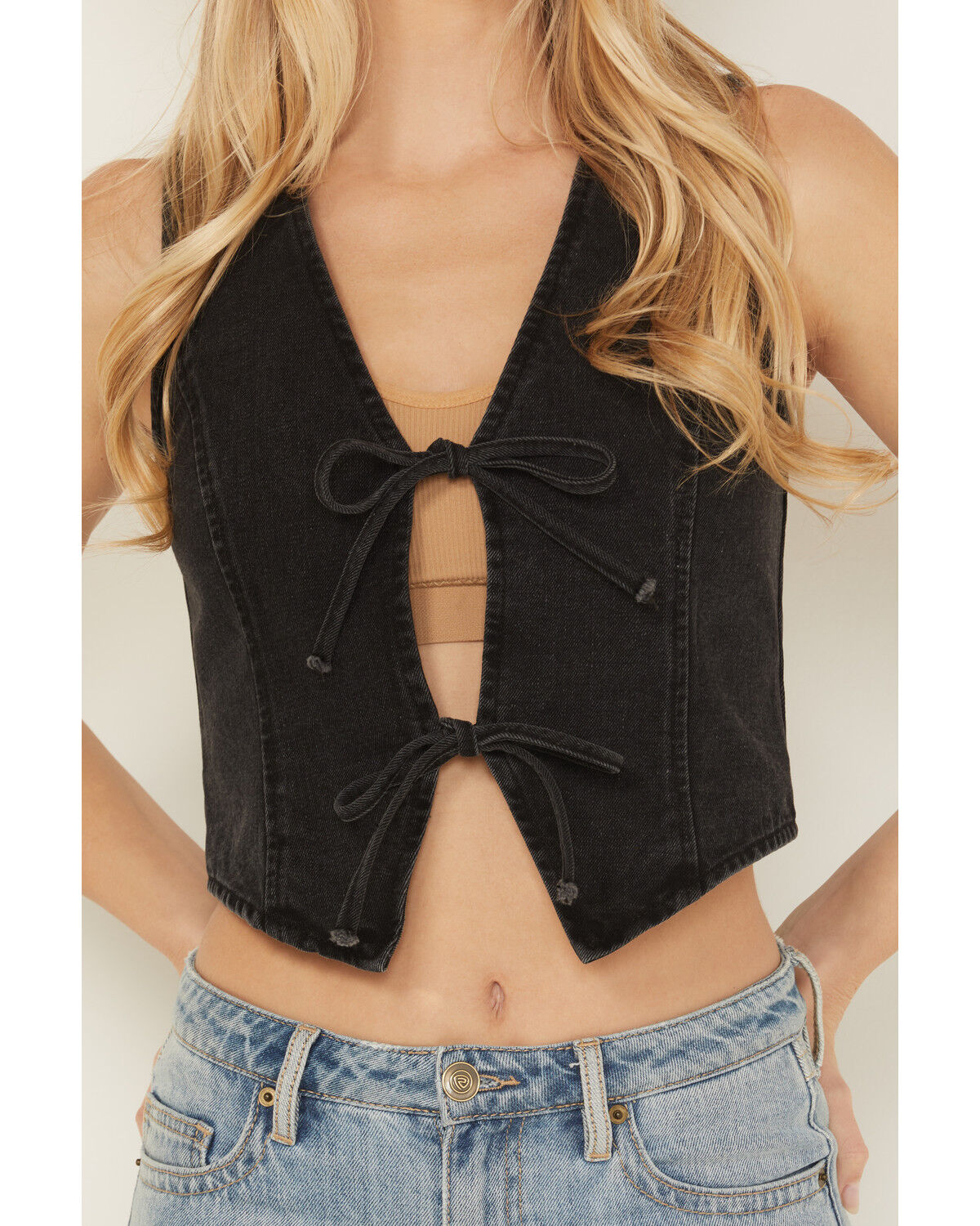Image #3 - Ashley Vintage Charm by 26 International Women's Bow Tie Denim Vest, Black, hi-res