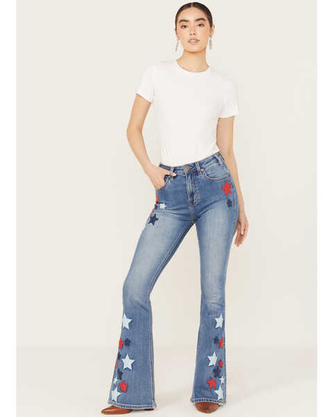 Image #1 - Rock & Roll Denim Women's Medium Wash High Rise Americana Star Flare Jeans, Medium Wash, hi-res