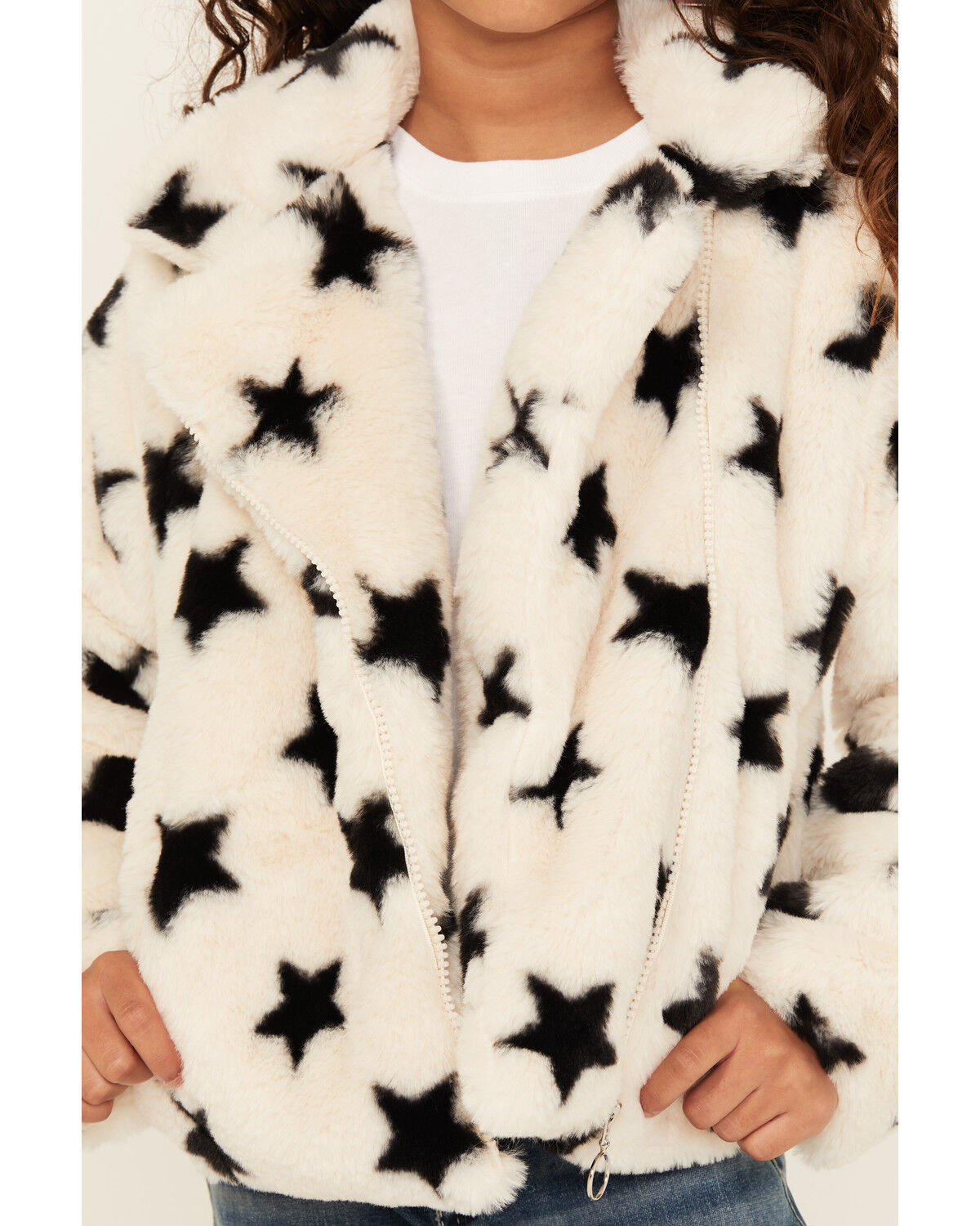 Image #3 - Urban Republic Girls' Star Print Faux Fur Moto Jacket, Cream, hi-res