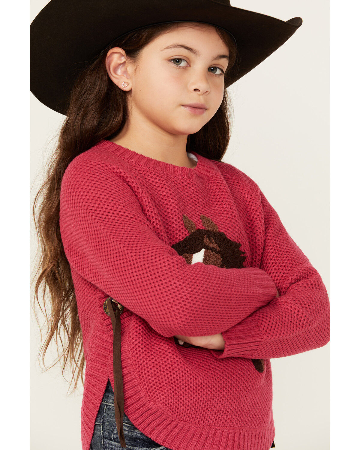 Image #2 - Cotton & Rye Girls' Horse Applique Round Bottom Sweater, Pink, hi-res