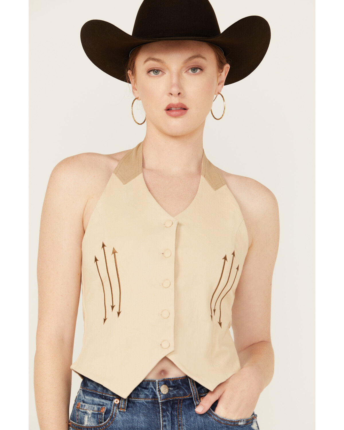 Image #3 - Rock & Roll Denim Women's Embroidered Button-Down Vest, Beige, hi-res