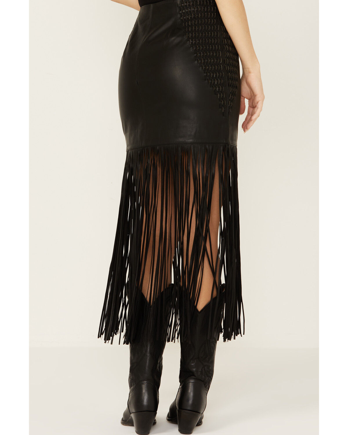 Image #4 - Wonderwest Women's Chain and Braid Fringe Leather Skirt, Black, hi-res