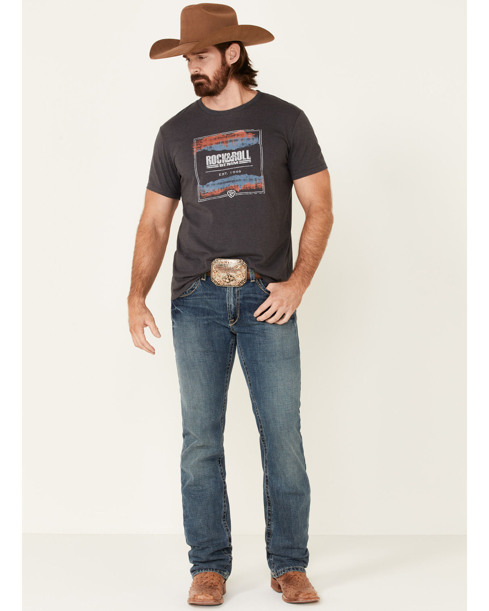 Image #2 - Rock & Roll Denim Men's Charcoal Square Graphic Short Sleeve T-Shirt, Charcoal, hi-res