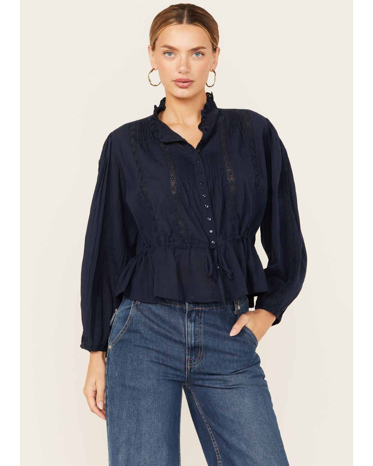 Image #1 - Free People Women's Best Of Me Long Sleeve Button-Down Blouse, Navy, hi-res