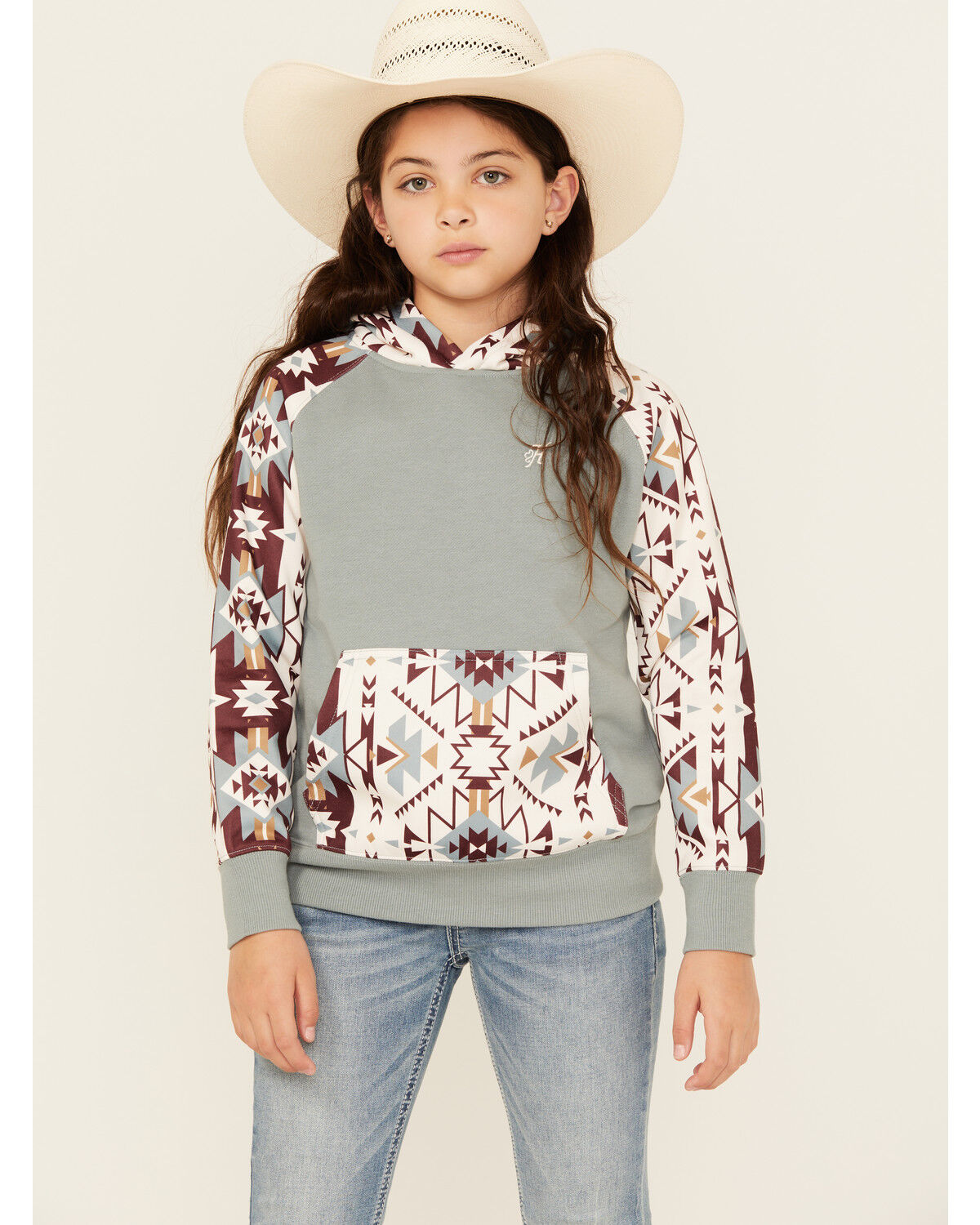Image #1 - Hooey Girls' Southwestern Sleeve Hoodie, Blue, hi-res