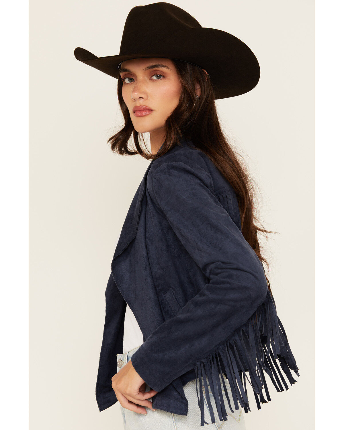 Image #2 - Shyanne Women's Faux Suede Fringe Jacket, Navy, hi-res