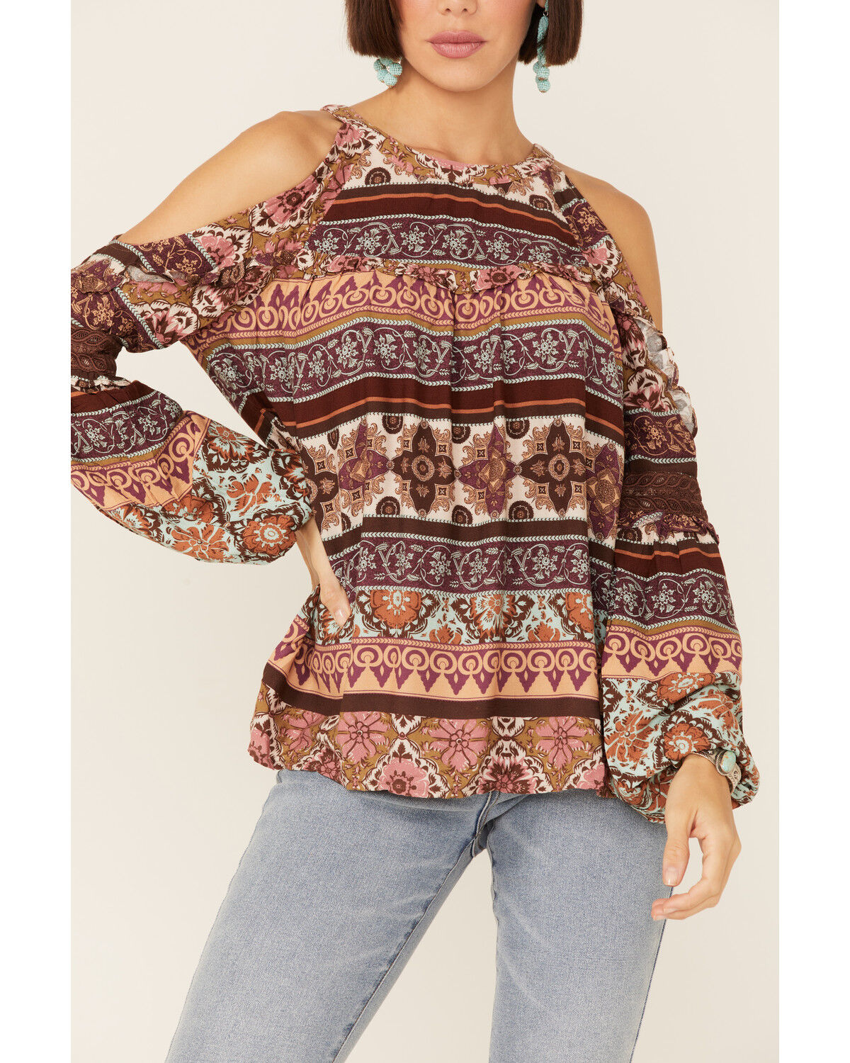 Image #2 - Miss Me Women's Vertical Print Cold Shoulder Bell Sleeve Woven Top, Rust Copper, hi-res