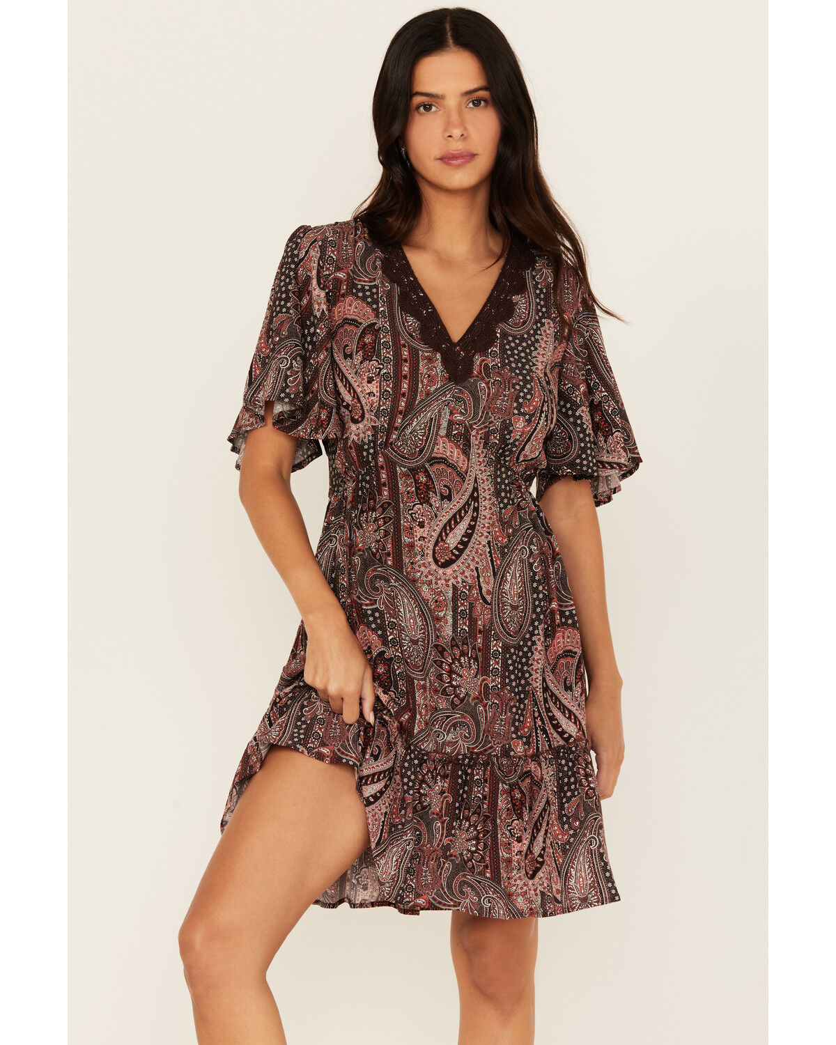 Image #1 - Shyanne Women's Crochet Trim Printed Short Sleeve Mini Dress, Chocolate, hi-res