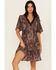 Image #1 - Shyanne Women's Crochet Trim Printed Short Sleeve Mini Dress, Chocolate, hi-res