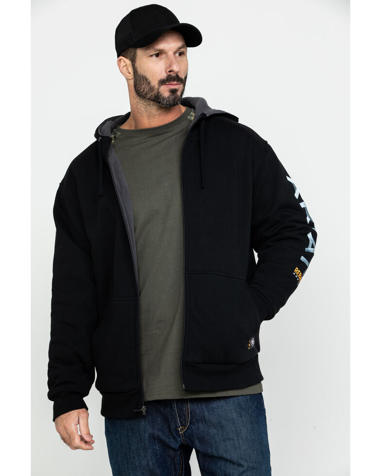 Ariat Men's Rebar All-Weather Full Zip Work Hooded Sweatshirt - Big & Tall , Black, hi-res