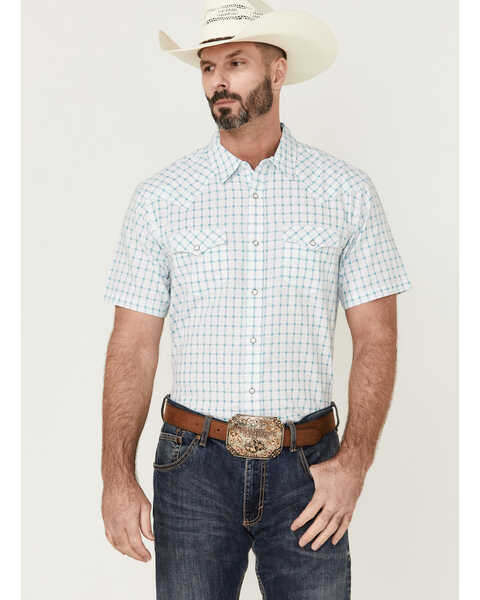Moonshine Spirit Men's River Delta Small Plaid Short Sleeve Pearl Snap Western Shirt , Cream, hi-res