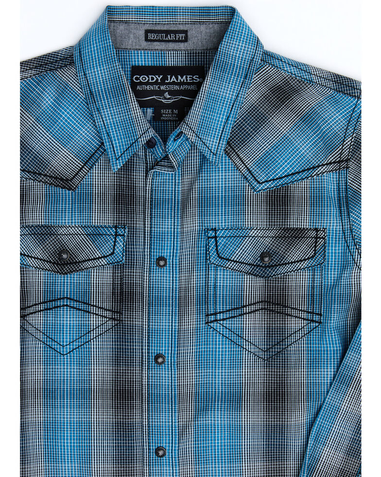 Cody James Boys' Morning Fog Plaid Long Sleeve Western Shirt , Blue, hi-res
