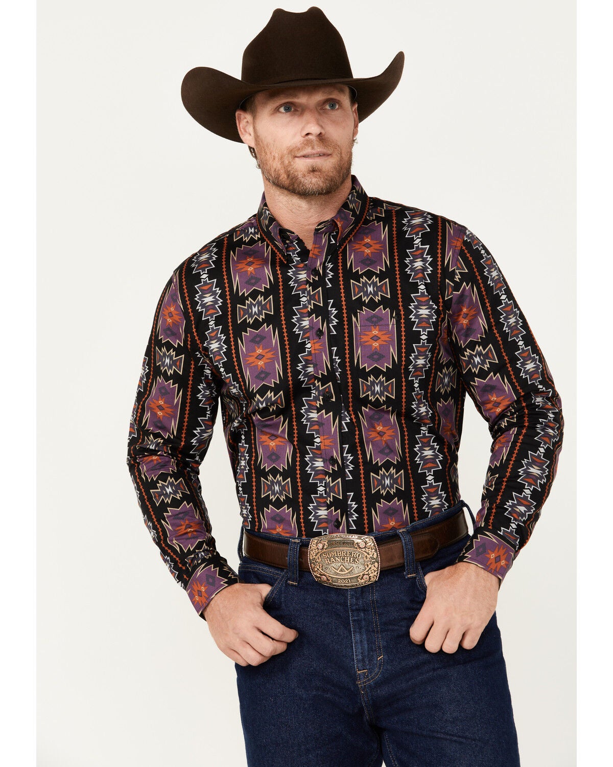 RANK 45&reg; Men's Great Fall Southwestern Print Long Sleeve Button-Down Western Shirt, Black, hi-res
