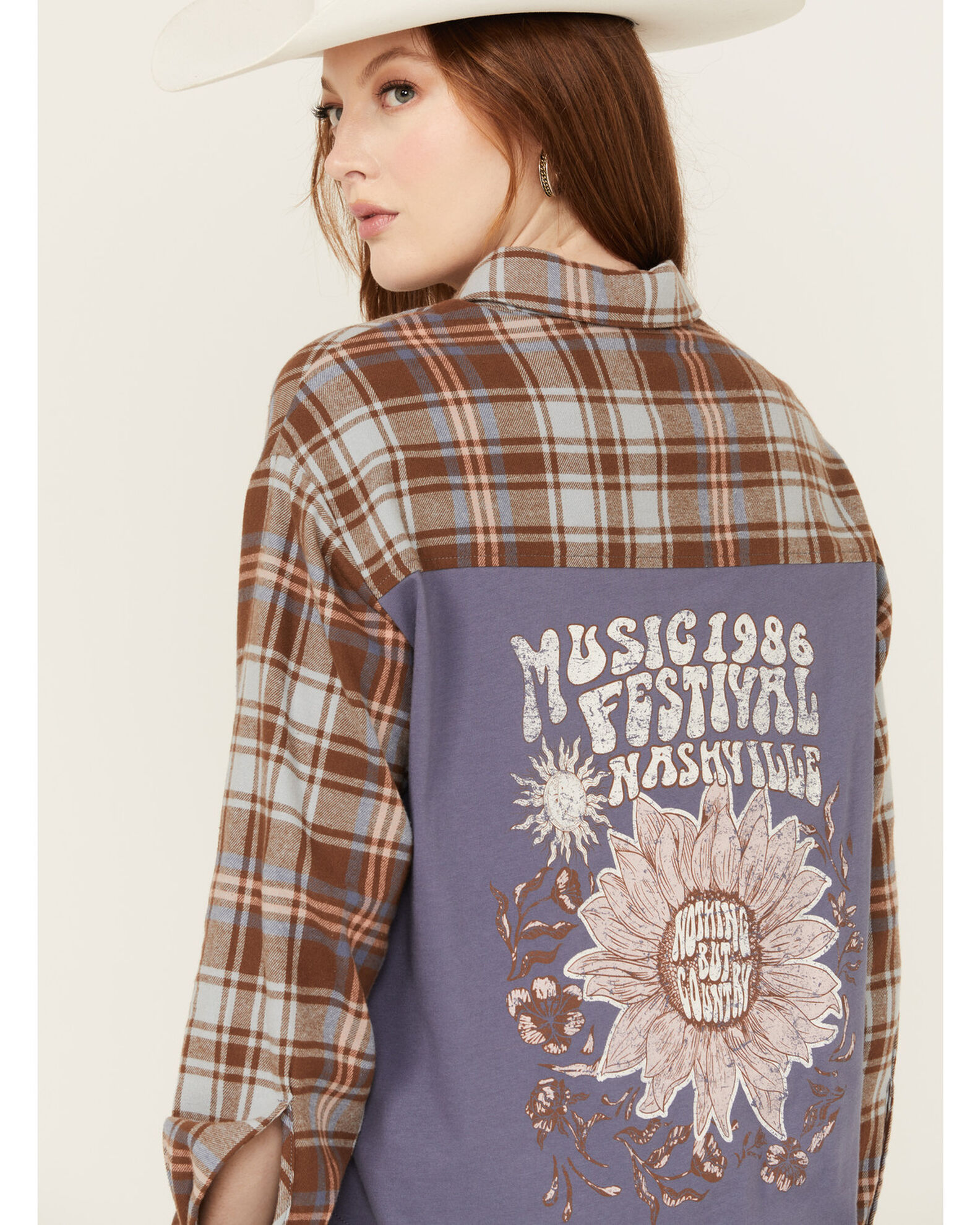 Product Name: Cleo + Wolf Women's Mixed Media Plaid Print Button-Down  Graphic Flannel Shirt