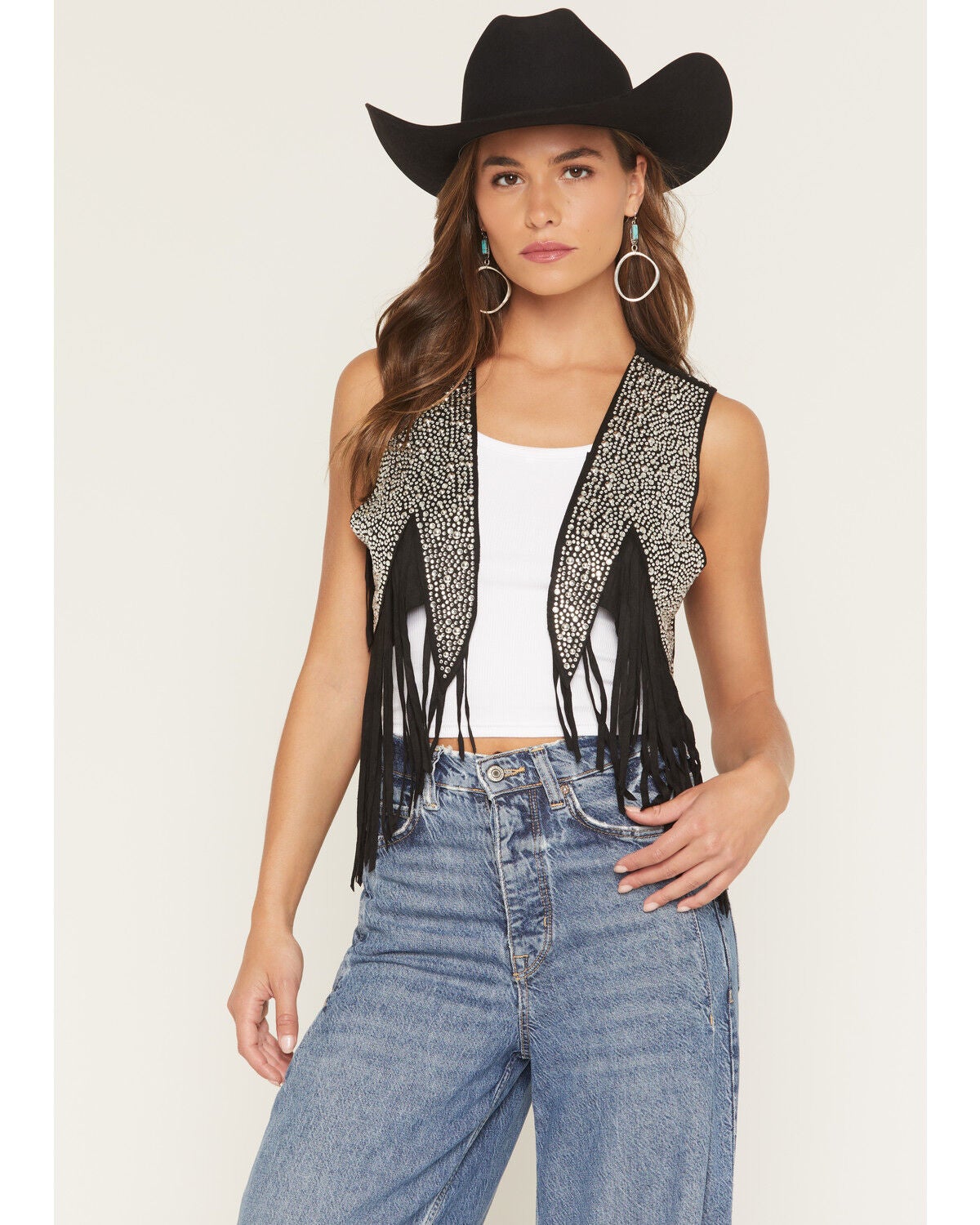 Vocal Women's Crystal Fringe Faux Suede Vest, Black, hi-res