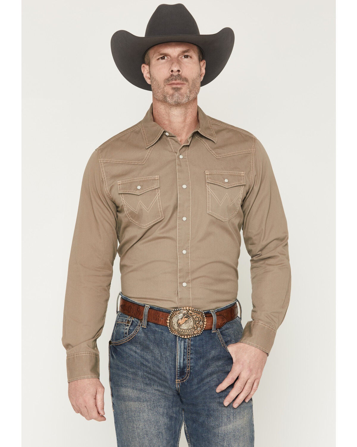 Image #1 - Wrangler Retro Men's Premium Solid Long Sleeve Snap Western Shirt, Taupe, hi-res