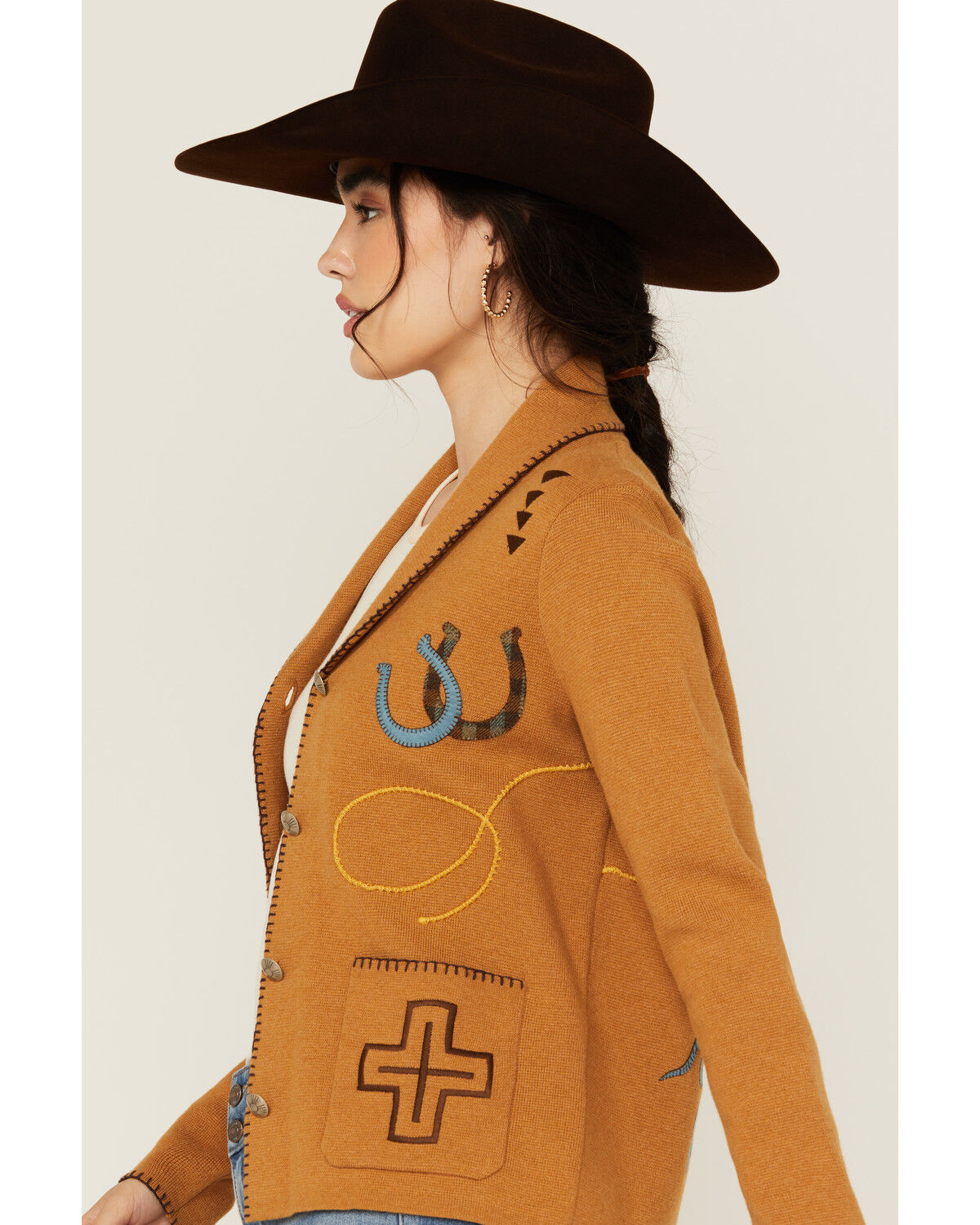 Image #2 - Pendleton Women's Conversational Print Embroidered Cardigan, Brown, hi-res