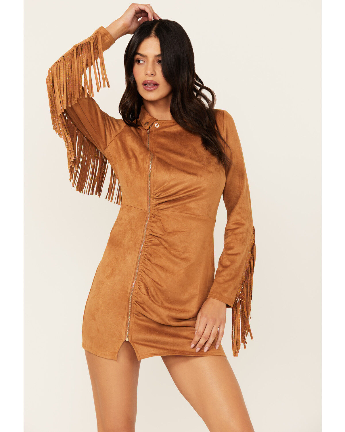 Image #1 - Mainstrip Women's Faux Suede Long Sleeve Fringe Dress, , hi-res