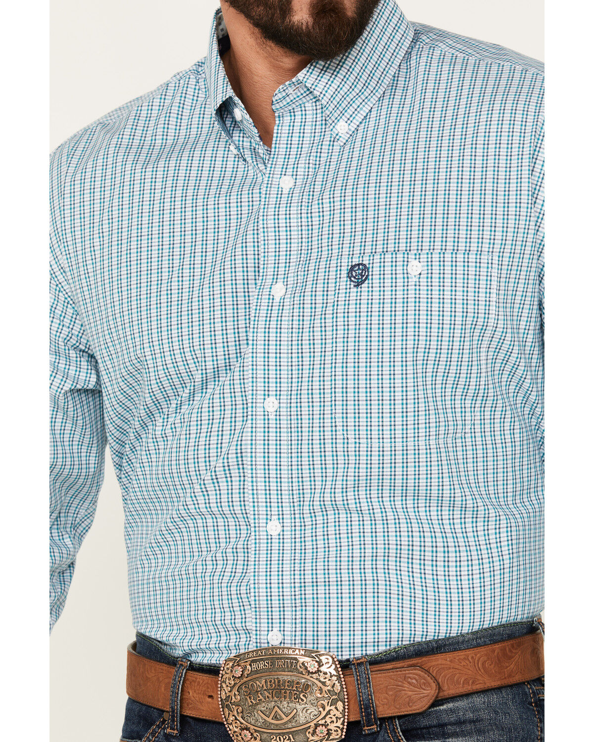Image #3 - George Strait by Wrangler Men's Plaid Print Long Sleeve Button-Down Western Shirt - Big, Aqua, hi-res