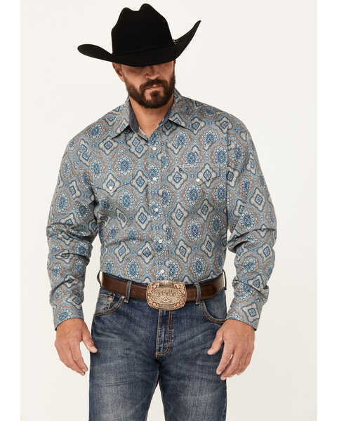 Stetson Men's Mosaic Print Long Sleeve Pearl Snap Western Shirt, Blue, hi-res