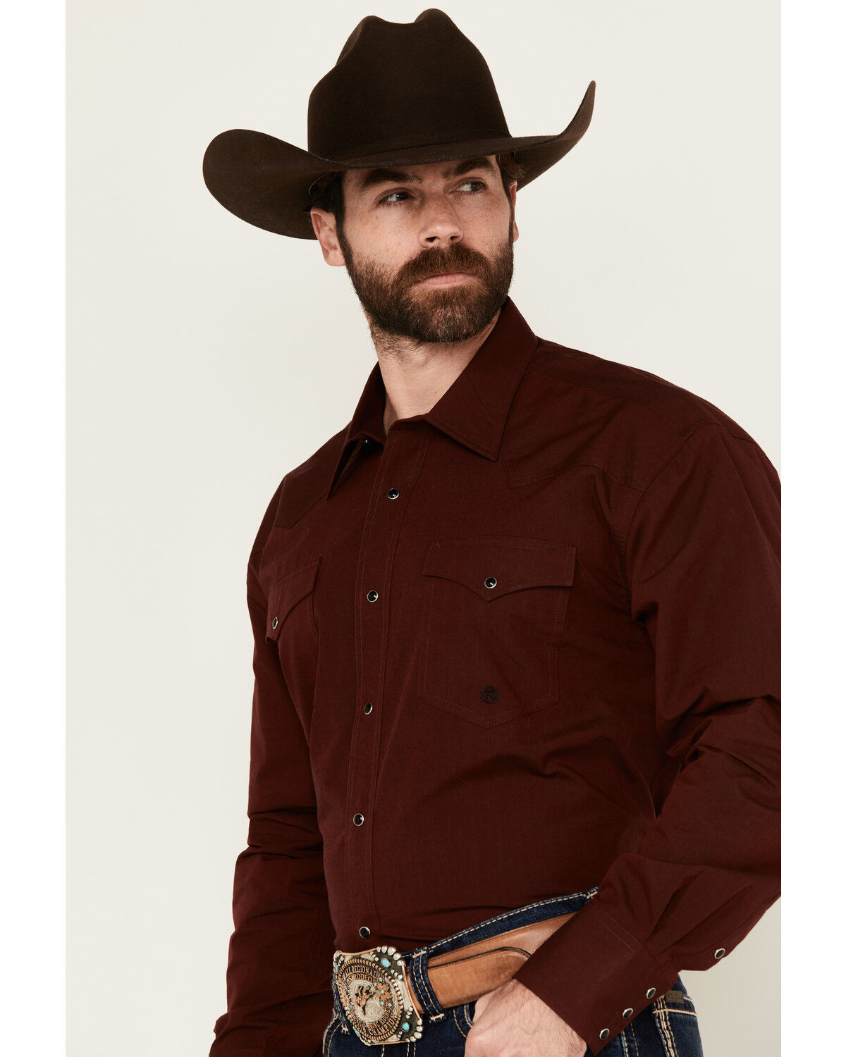 Image #2 - Roper Men's Amarillo Solid Long Sleeve Snap Western Shirt, Burgundy, hi-res
