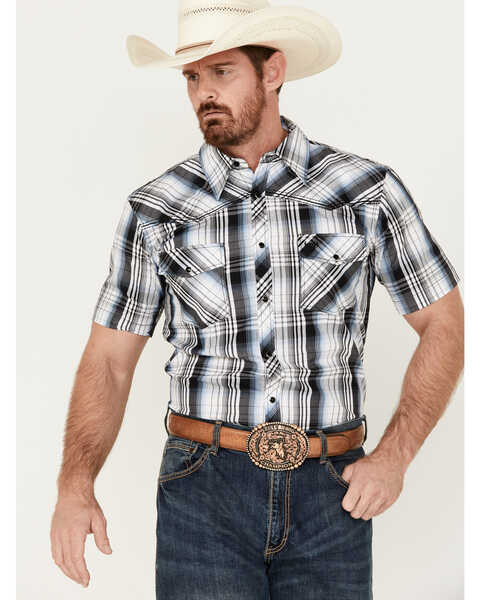 Cowboy Hardware Men's Hermosillo Gradient Plaid Print Short Sleeve Pearl Snap Western Shirt , Black, hi-res