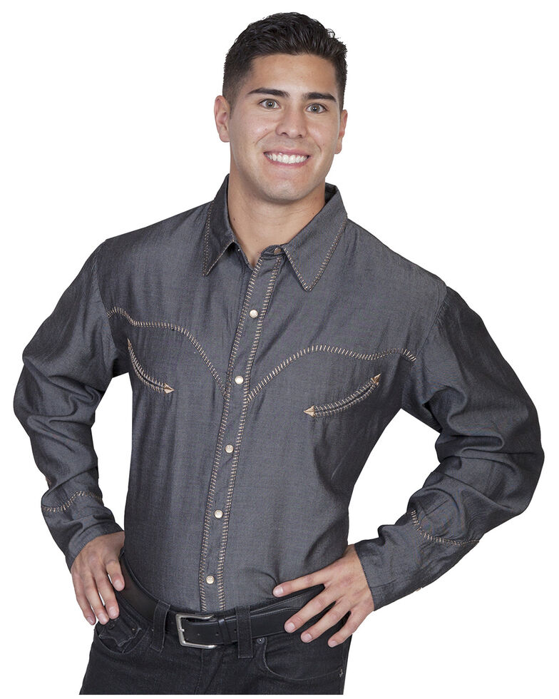 Scully Men's Solid Whipstitch Denim Retro Long Sleeve Western Shirt, Charcoal Grey, hi-res
